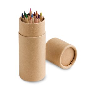 CRICKET. Caixa cilíndrica em papel kraft reciclado com 12 lápis de cor