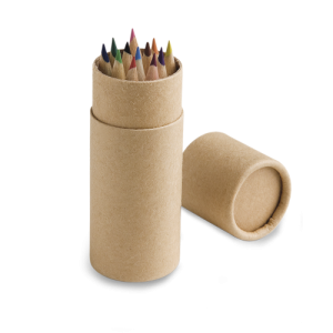 CRICKET. Caixa cilíndrica em papel kraft reciclado com 12 lápis de cor