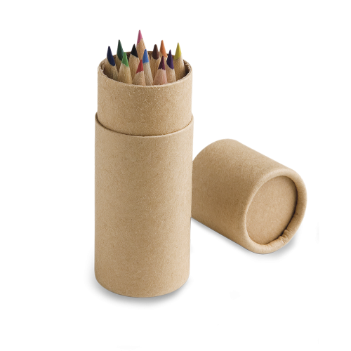 CRICKET. Caixa cilíndrica em papel kraft reciclado com 12 lápis de cor