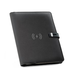 ELEVATE A5 FOLDER. Pasta A5 em 300D poliéster 100% reciclado com carregador por indução embutido (5'000 mAh) e bloco com páginas pautadas
