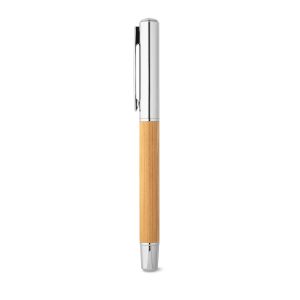 ELYSIA. Caneta roller em aço inox 90% reciclado e bambu com escrita em azul