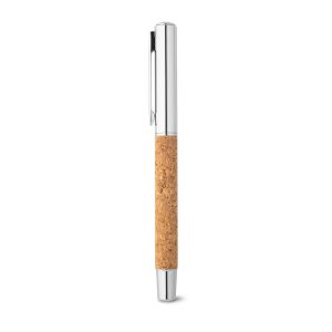 ANDREW. Caneta roller em aço inox 90% reciclado e cortiça com escrita em azul