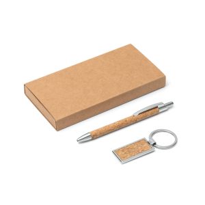LAVRE. Conjunto composto por uma caneta esferográfica e chaveiro, ambos em metal e em cortiça