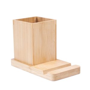 ERWIN. Conjunto de secretária com suporte para celular e copo, em bambu