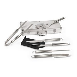MACE. Kit churrasco em estojo de alumínio com luva de cozinha em poliéster e 6 utensílios em aço inox