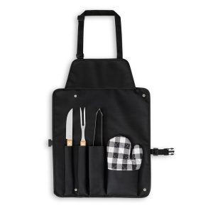 CHAMP. Kit churrasco com 3 utensílios em aço inox e madeira de Seringueira e luva