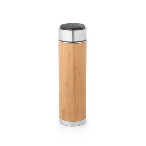JOSHUA. Garrafa térmica em aço inox e bambu, de parede dupla isolada a vácuo, com termómetro digital (430 mL)