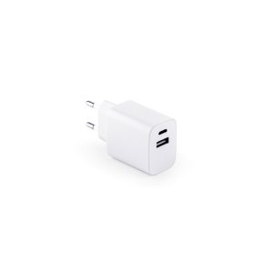 WEGENER. Adaptador de corrente com porta USB-A 18W e USB-C 20W em ABS 100% reciclado